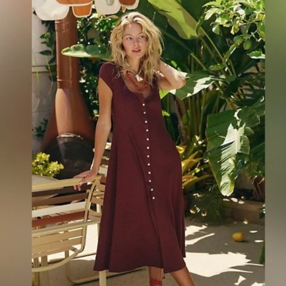 Free People Magnolia Midi Aubergine Button-Down Dress
